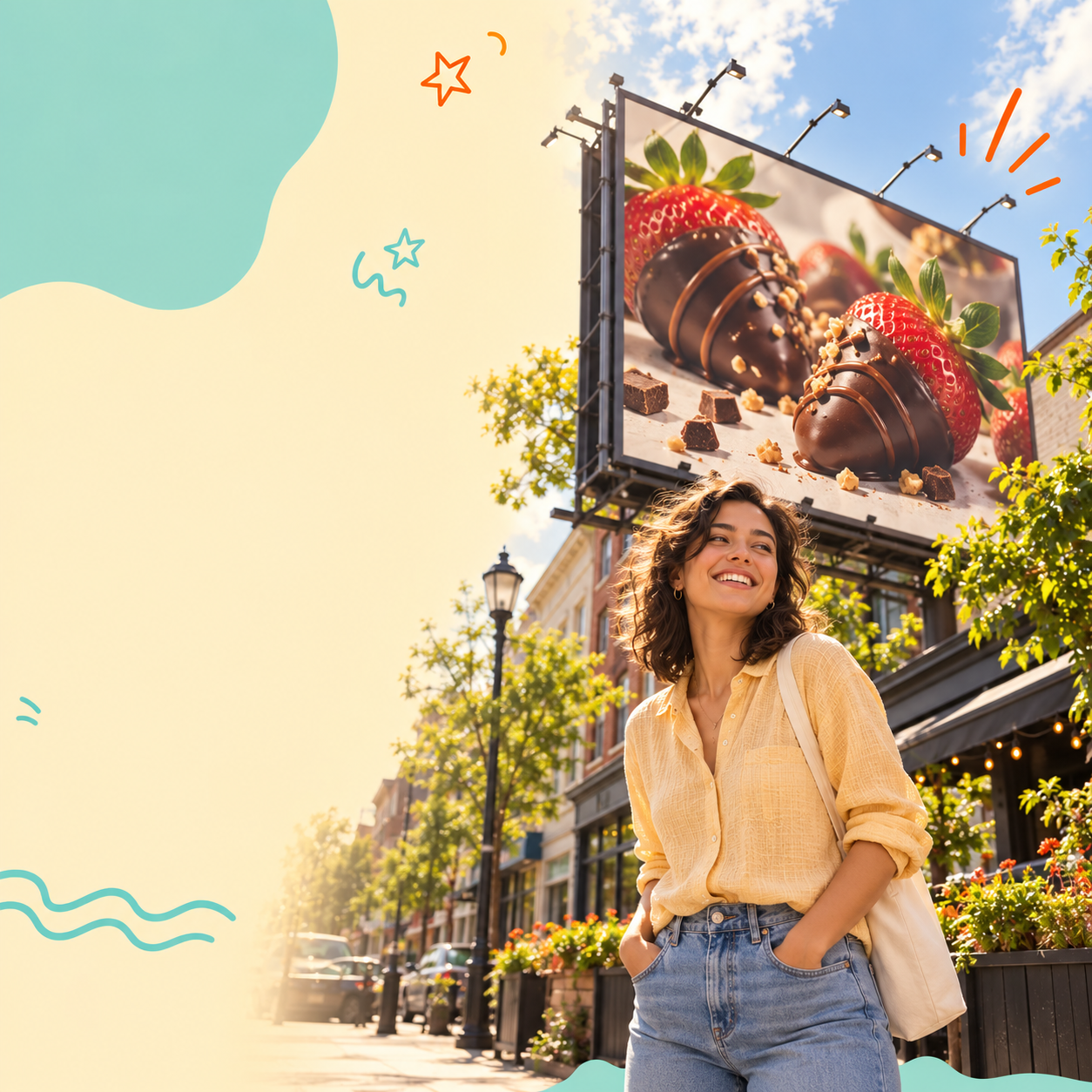 A sunny neighborhood scene with chocolate-covered strawberries on a billboard
