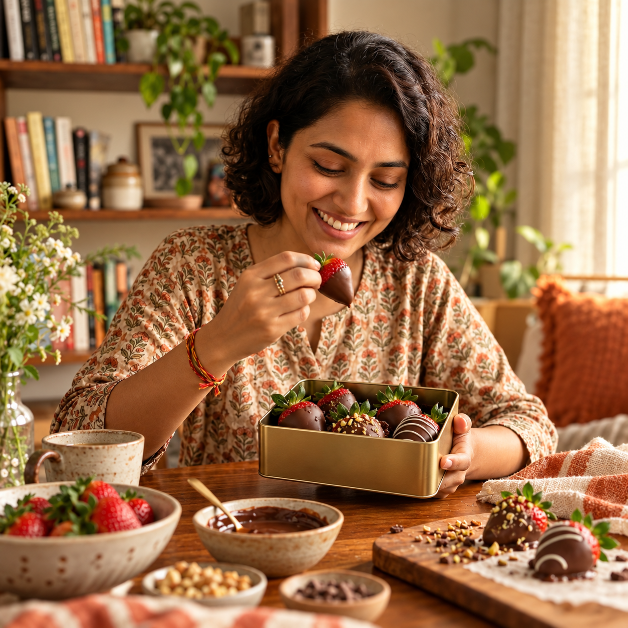A person enjoying a chocolate-covered strawberry at home